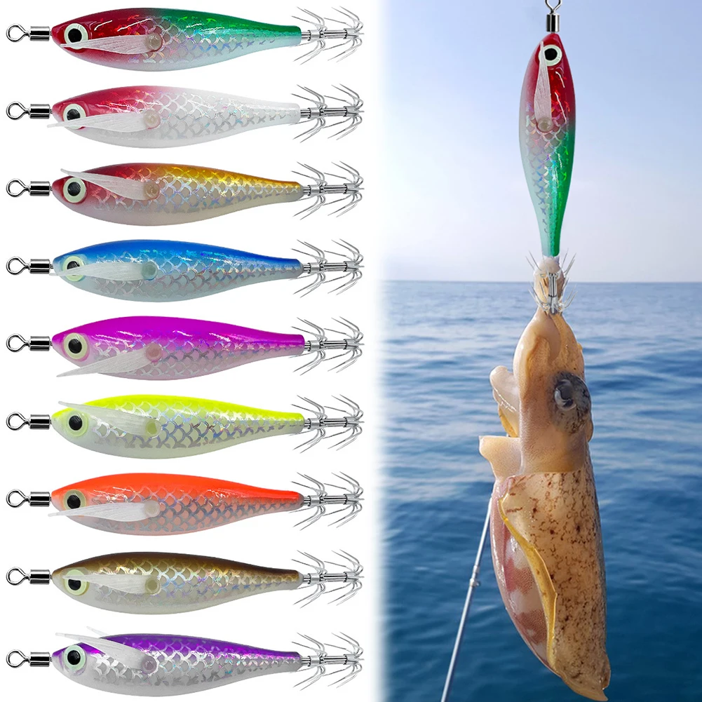 Luminous Squid Hook Squid Fishing Lure Double Hook Glow In The Dark Squid Bait with 3D Eyes Fake Octopus Bait for Night Fishing