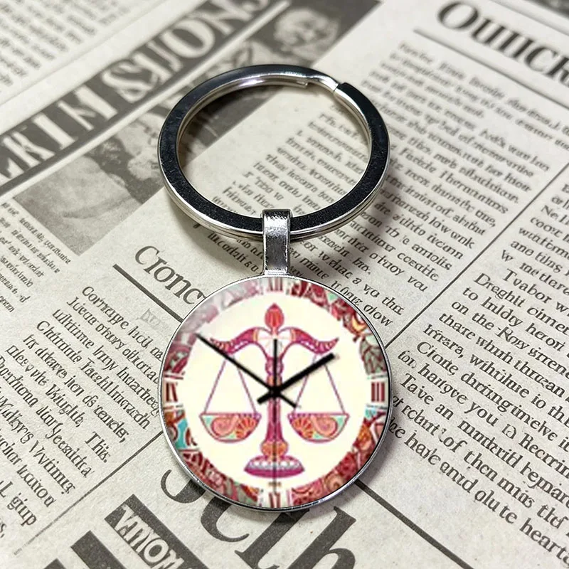Exquisite New Product Vintage Tribal Zodiac Constellation Clock Keychain Mandala Print Glass Keyring Accessory