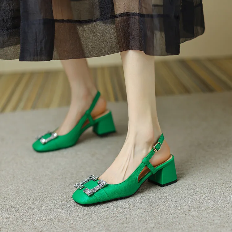 Asian Trend Sexy Heels Women Fashion Square Head Metal Sandals Rhinestone Decoration Solid Medium Thick Heel Green Orange Lady