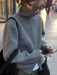 Grey double zipper turtleneck knitted cashmere cardigan women's autumn and winter thickened 100% pure wool with sweater coat