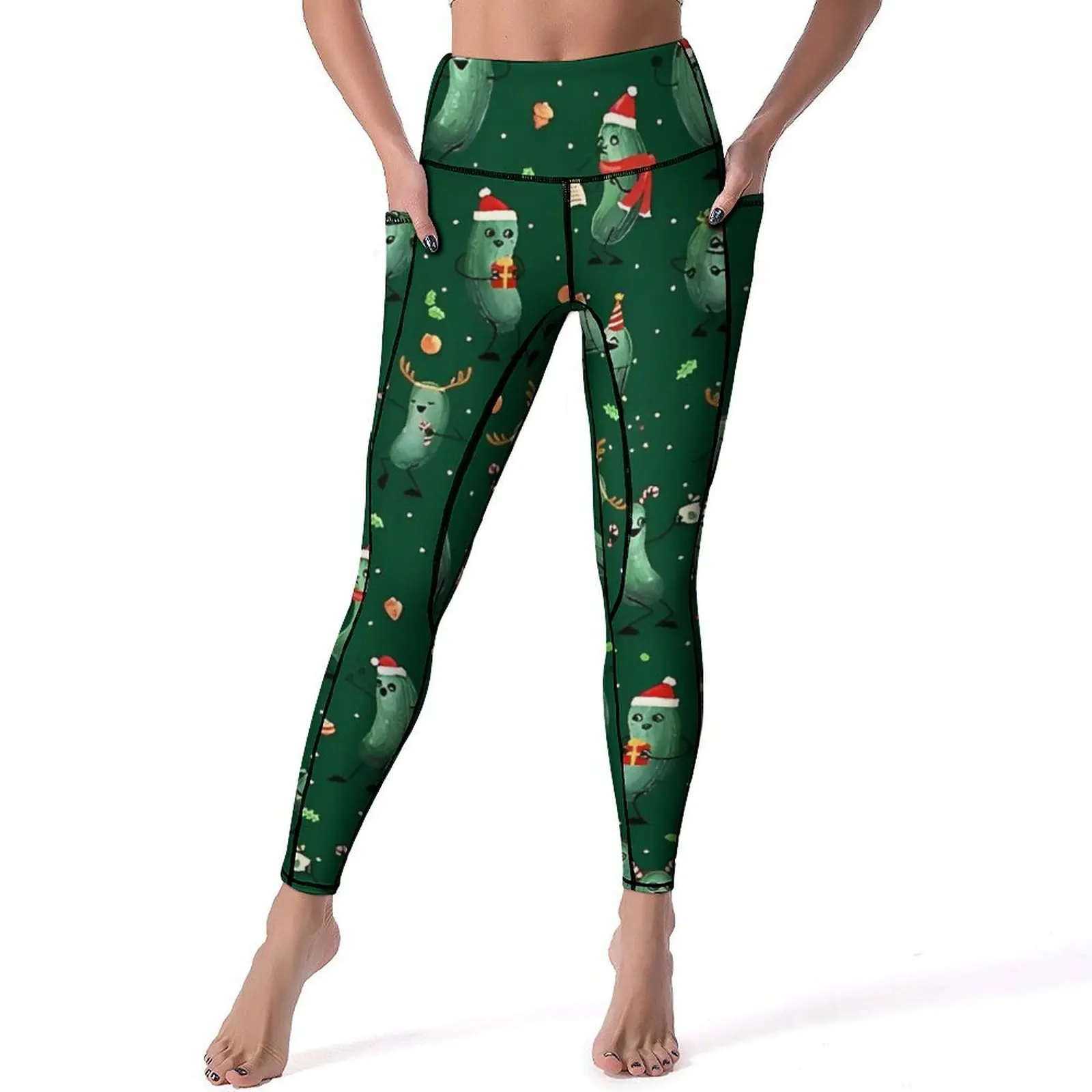 Leggings de color verde oscuro con patrón de pepinillos navideños, pantalones de Yoga para gimnasio, mallas de moda de cintura alta, mallas deportivas de diseño de secado rápido