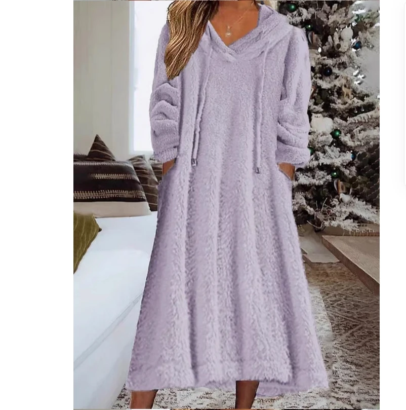 

2025 Новое европейское и американское свободное повседневное флисовое платье с капюшоном и длинными рукавами, домашняя одежда для девочек