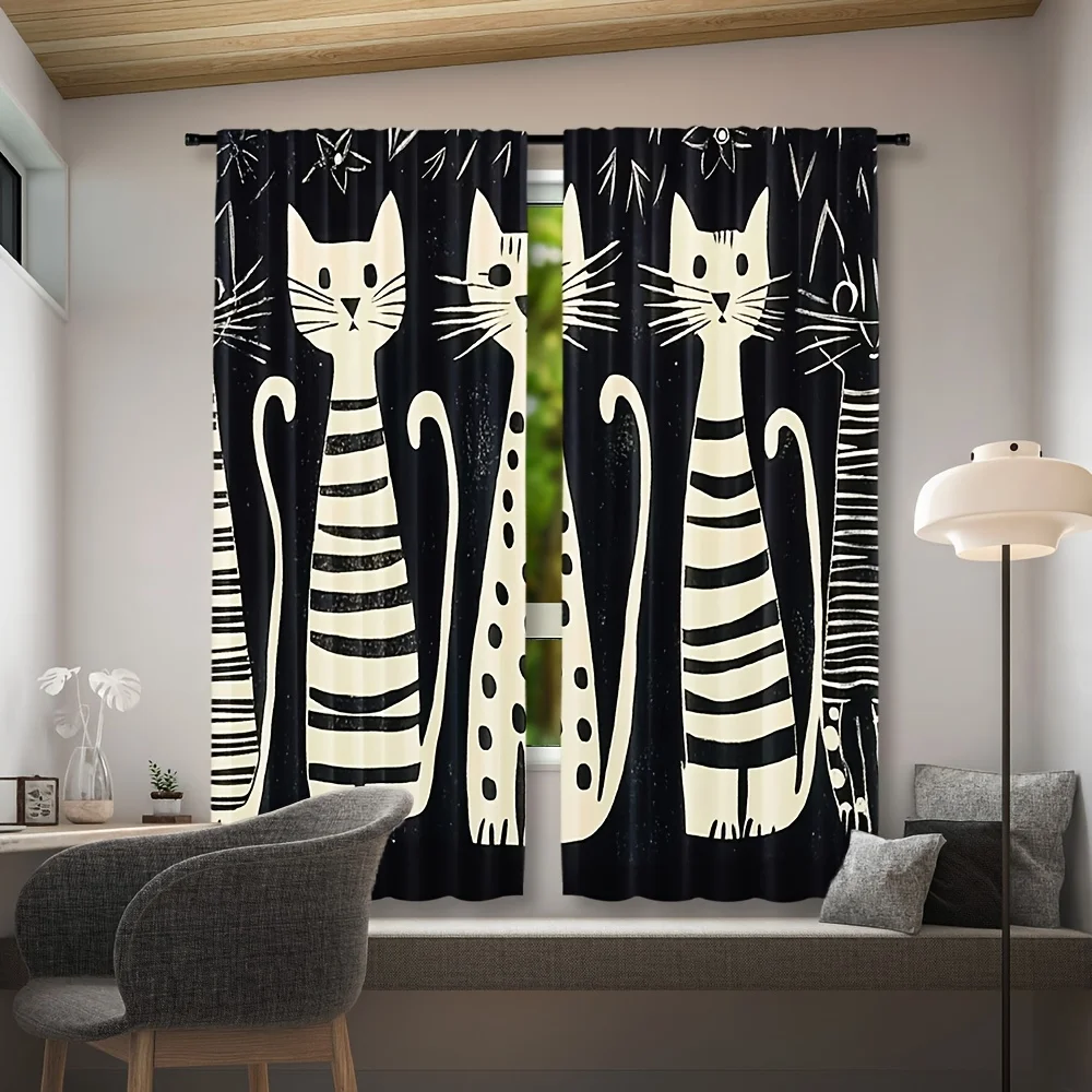 Abstract Striped Cat Rod Pocket Curtain Black Background White Tall Stripe Dot Cat Sketch Print Minimal Decor Living Bedroom