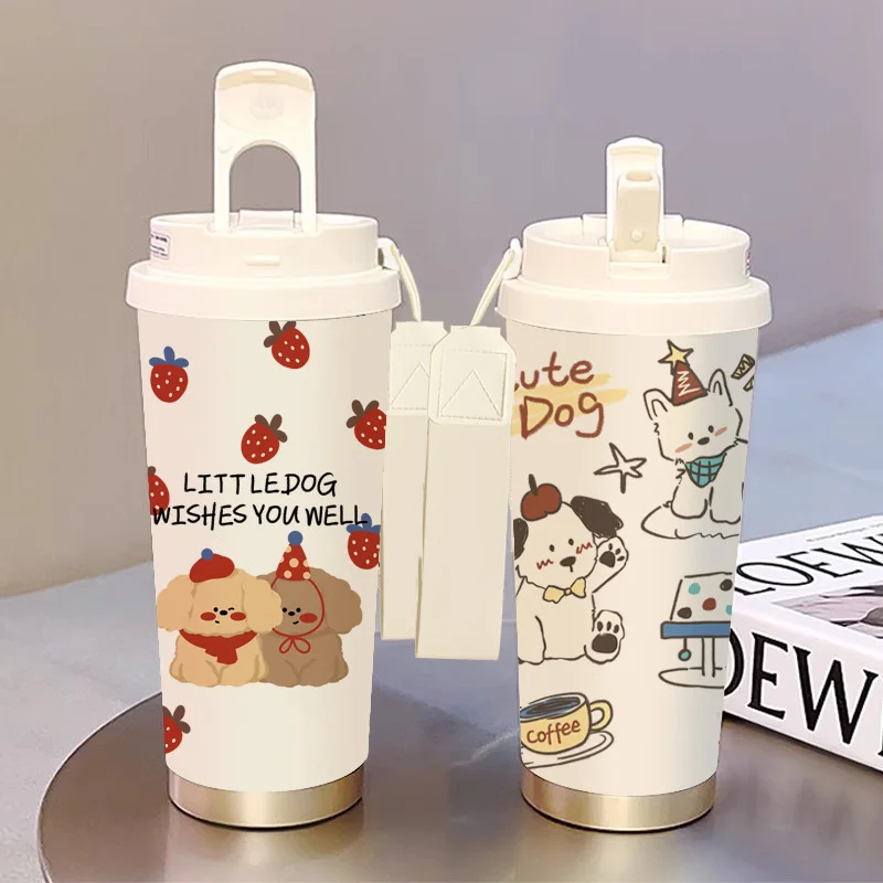 

Cute Dog Ceramic Inner Thermos Cup with Dual Sip Lid Tea Infuser Straw BPA-Free Antibacterial Portable Bottle for Office Gift