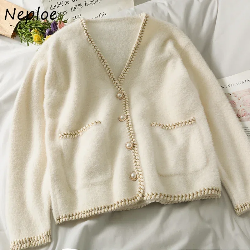 Neploe Bright Silk Edge Single-breasted V-neck Female Cardigan Long Sleeve Sweater Jacket Autumn Loose Office Lady Open Stitch