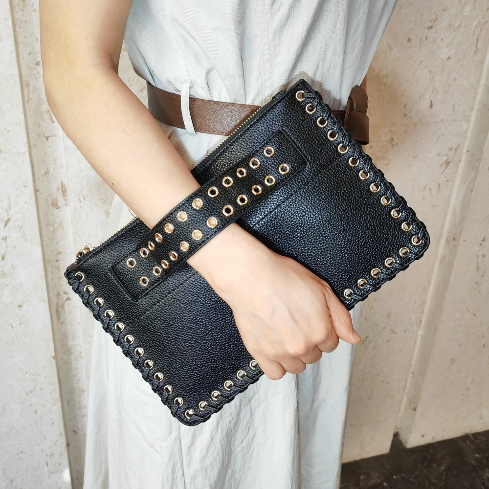 

Fashion Rivet Women Envelope Clutch bag PU leather weaving Women's Clutches Chain messenger bag for female Crossbody Bags