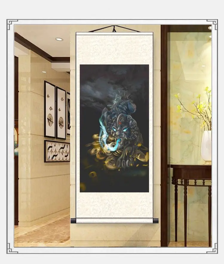 

Chinese A Mythical Wild Animal Scroll Paintings Wall Art Posters Vintage Room Decor Aesthetic Wall Hanging Fengshui Decoration