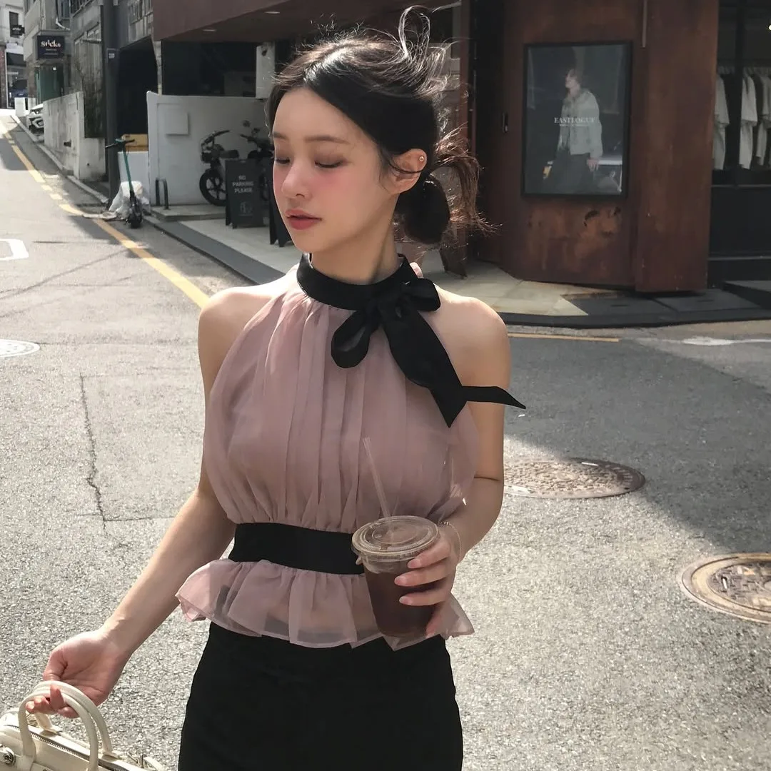 Ele Silk irt Women's Dongda Gate INS Sle Waist-Cinching Bowtie Svel Top Sweet French Sle round Ne Pure Color