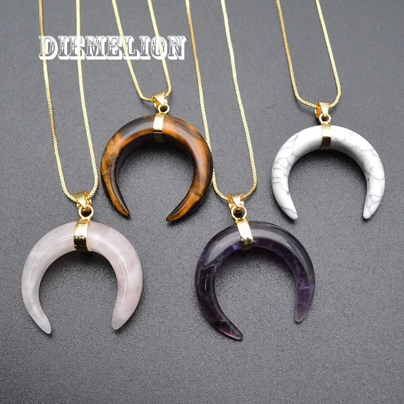 35mm Natural Stones Crescent Moon Necklaces Pendants Amethyst Pink Quartz Opal White Stone Gold Color Reiki Women