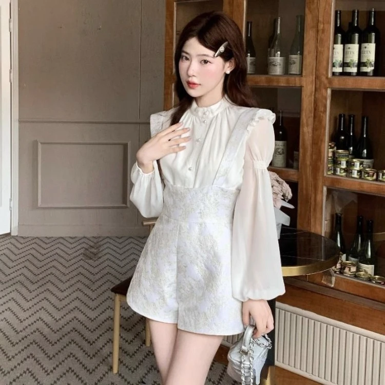 Simple O-neck Mesh Long Sleeve White Shirts Women+ Y2k E-Girl Adjustable High Waist Strap Shorts Spring New Two Piece Sets