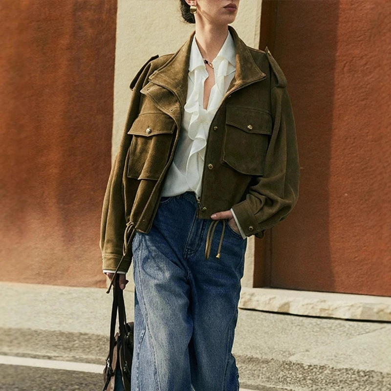 

Женские короткие куртки из 100% натуральной кожи с воротником-стойкой из матовой овчины, карманы в стиле сафари, куртки с длинными рукавами и завязками, Femme