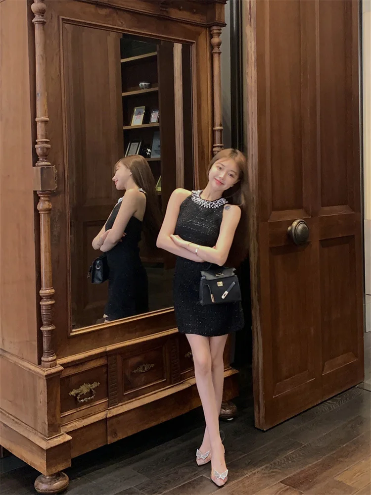 Korean Sweet Tweed Small Fragrance Tweed Dresses For Women 2023 Fashion Luxury Beading Summer Dress Hotsweet Sexy Party Dress