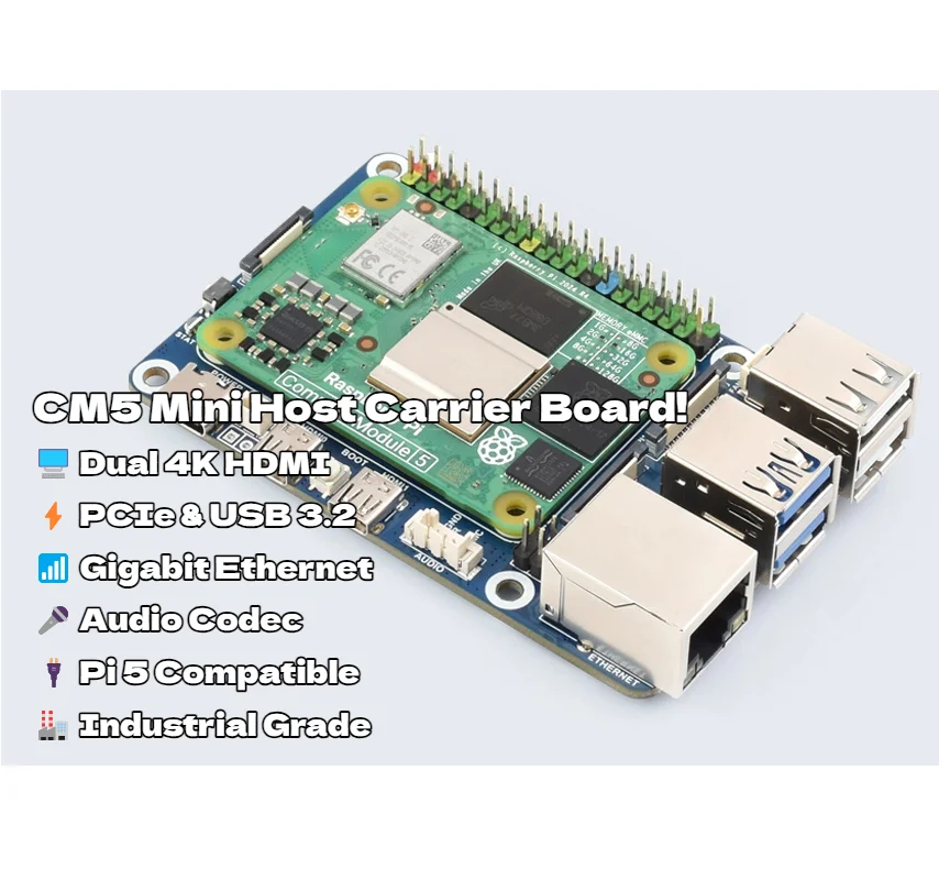 Raspberry Pi CM5 Mini Host Carrier Board - Dual 4K HDMI, PCIe, Gigabit Ethernet, 4x USB for Compute Module 5, Pi 5 Compatible De