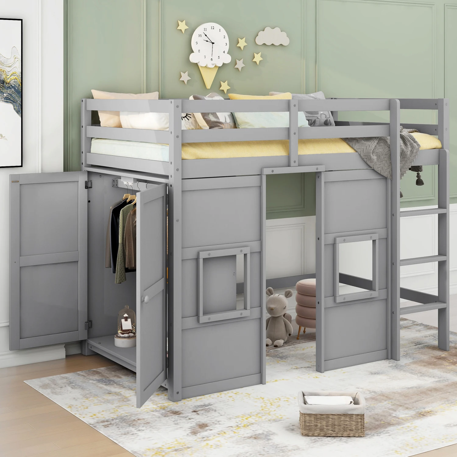 Wood Twin Size Loft Bed with Built-in Storage Wardrobe and 2 Windows, Gray