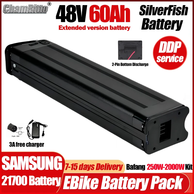 

E bike battery 48V silverfish electric bike battery Akku Accu 52V 2000w motor 60v 20ah 30ah 40ah 72v 50ah 1000w lithium batterij