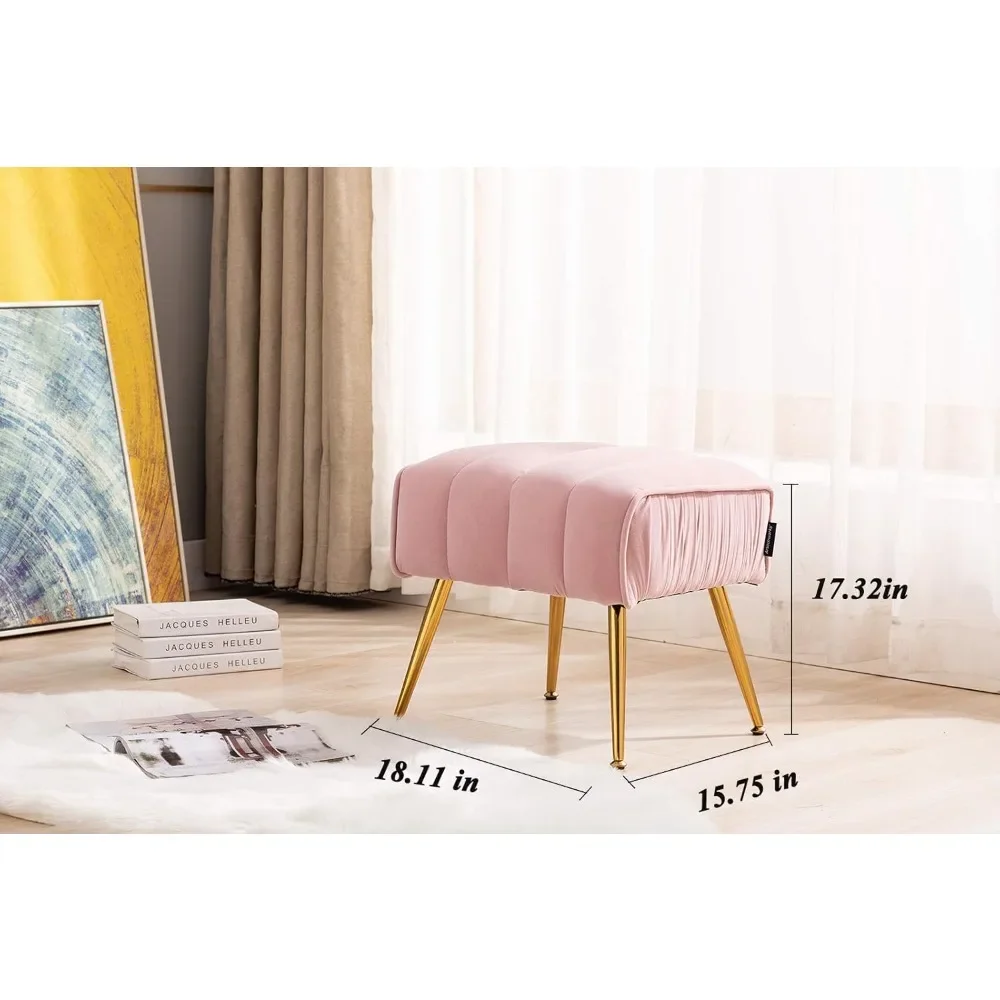 

Upholstered Velvet Ottoman with Gold Legs Metal Base for Foot Rest Stool Seat in Living Room Bedroom Hallway Entryway,Pink