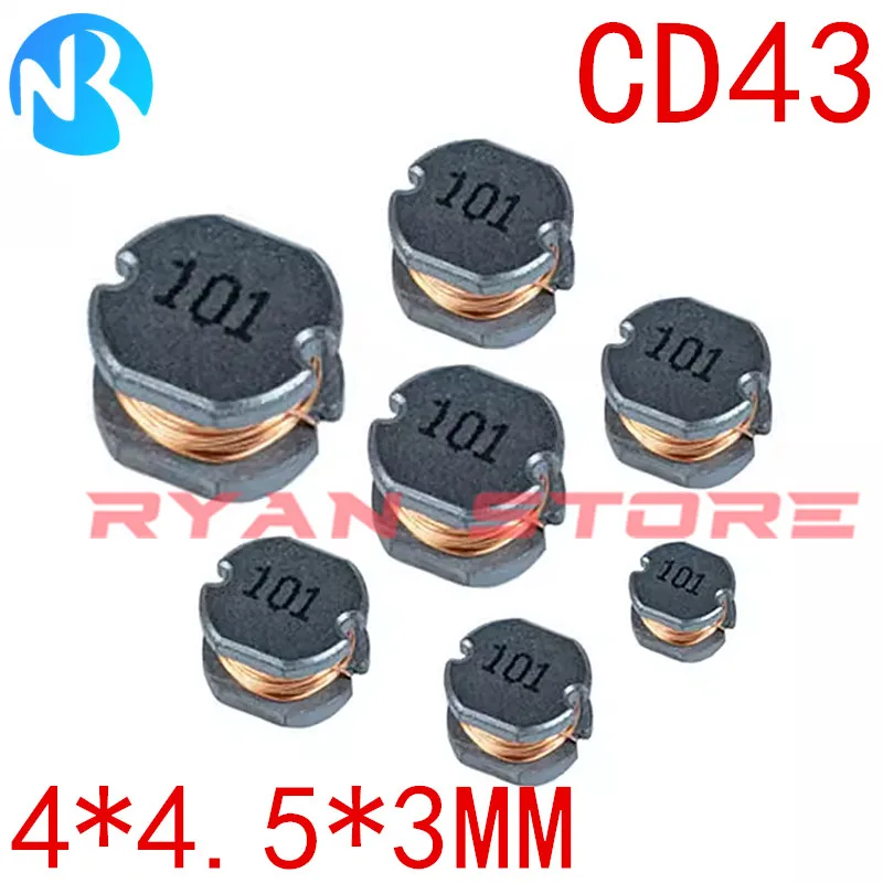 100Pcs SMD Inductor High Power CD43 1UH 1.5 2.2 4.7 10 22 33 47 68 100 220 330 470 680UH 1 2.2 1.5MH Power Inductance 4*4.5*3MM