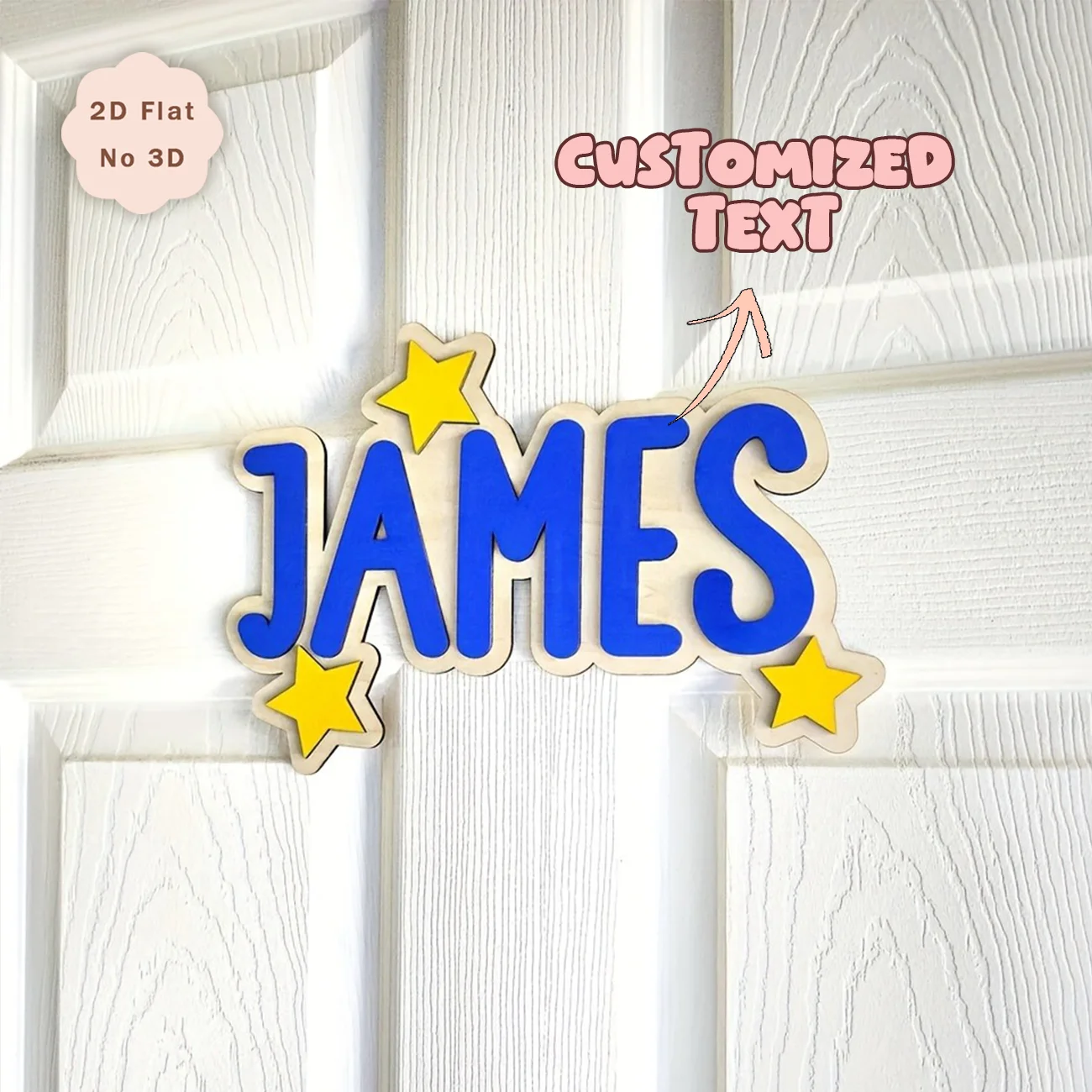 Custom Star Wooden Name Sign, Personalized 2D Flat Custom Name Wall Plaque with Star Decor, Customized Text Wood Door Hanger for