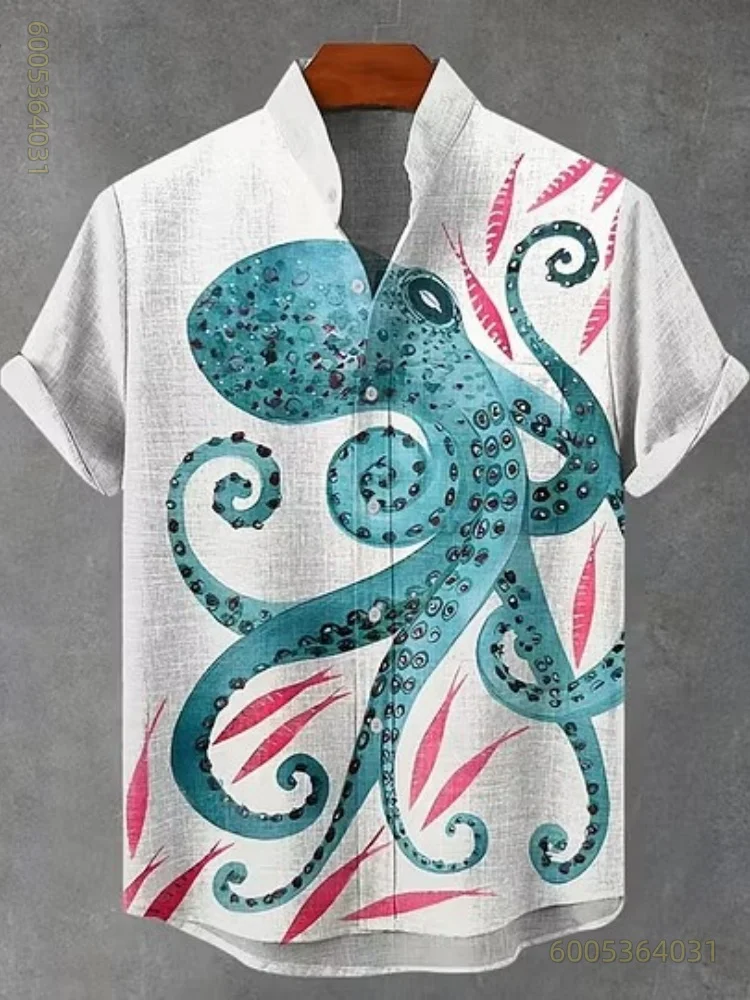 Men's short-sleeved shirt with coconut tree, music, and octopus pattern, Hawaiian style, trendy loose-fitting vacation top.