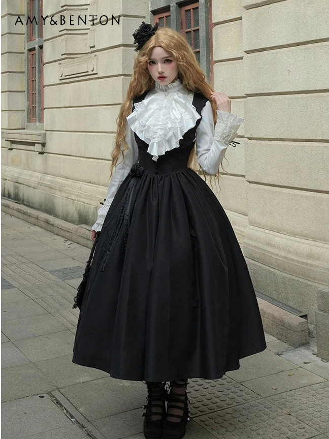 Vintage Palace Queen Lolita Dress Ruffled White Long Sleeve Shirt Goth Print Slim Dress Harajuku Two Piece Sets Womens Outifits