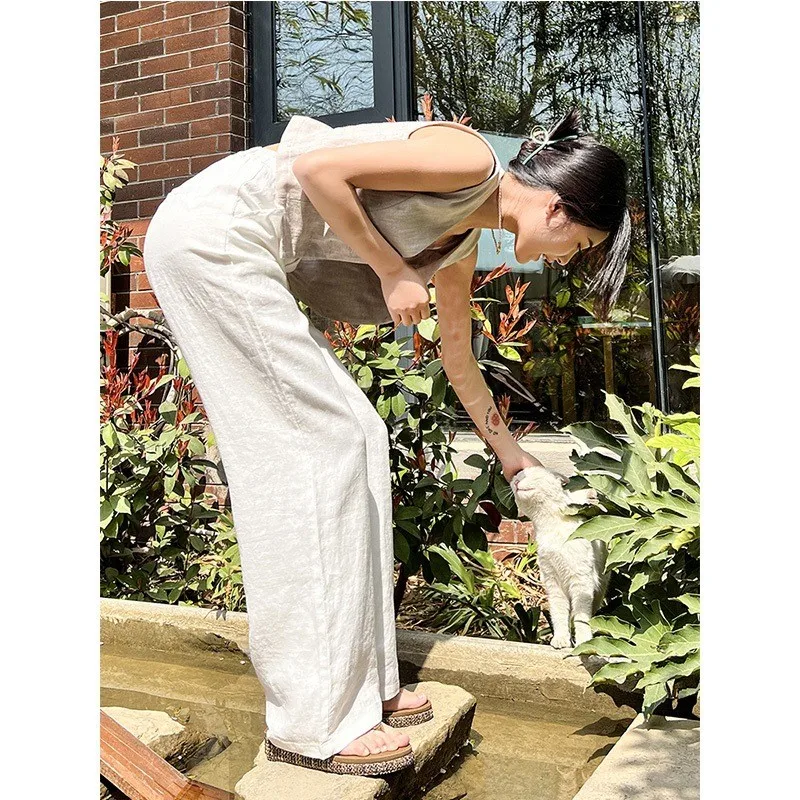 

Casual Japanese Sle Linen Wide Leg Pants Women Summer Thin High Waist Slim Fit Trousers Small Size Floor Length Pants