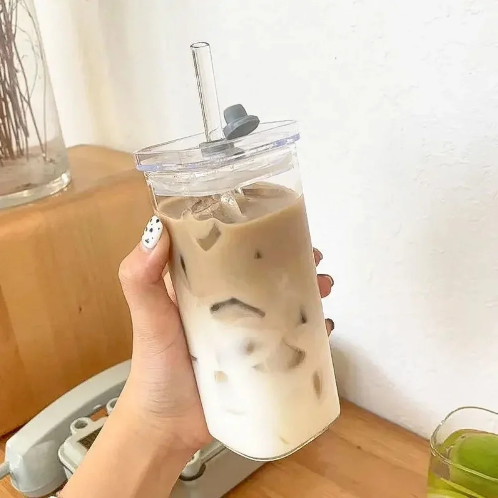 1pc Square Heat Resistant Coffee Glass Cup With Lid and Straw Heat Resistant Glass Cup For Milk Tea Juice Iced Coffee & Smoothie