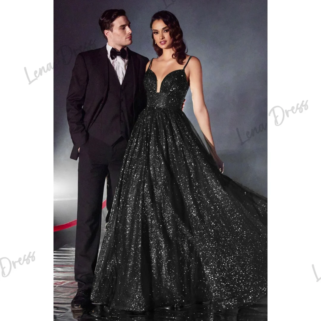 

Lena Black Formal Dress Women Elegant Woman Ceremony Dresses 2024 Women Line A Guest Wedding Dresses Shiny Spaghetti Straps Prom