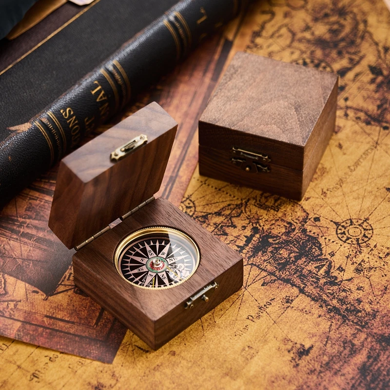 Antique Wood Box Navigation Compass Walnut Beech Wood Vintage Home Decor Desktop Collectible Ornament