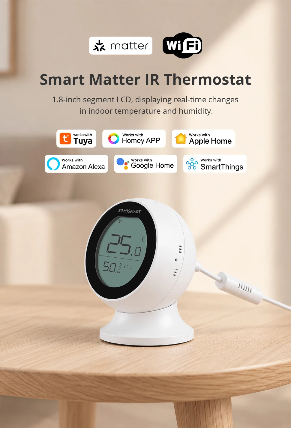 Zemismart Matter WiFi IR-Thermostat mit LCD-Bildschirm T&H-Sensor Intelligente Infrarot-Fernbedienung für Klimaanlagen Unterstützt Tuya Share to Homekit – Detail 1