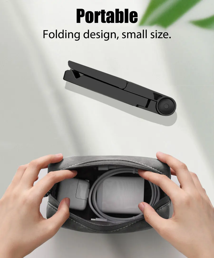 Black portable folding laptop stand made of durable material with a compact design for adjustable use on desk