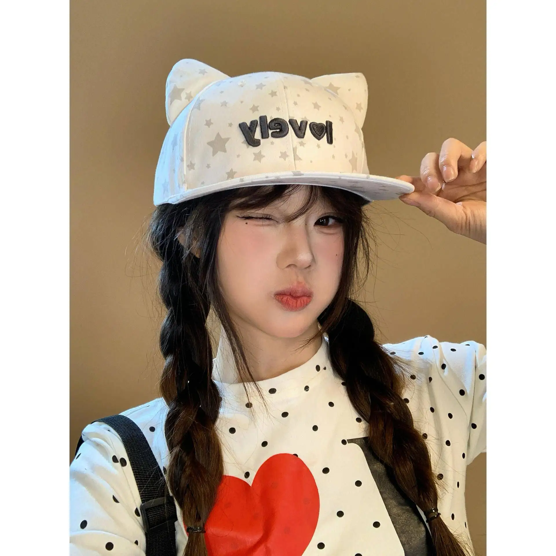 cute-ear-flat-brim-baseball-cap-women's-sweet-personality-face-slimming-star-letter-duckbill-hat-casual-comfortable-hat