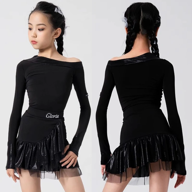 

2026 Одежда для латинских танцев самбы для девочек, детский черный костюм из 2 предметов с наклонными плечами, тренировочное танцевальное платье, одежда для танцев