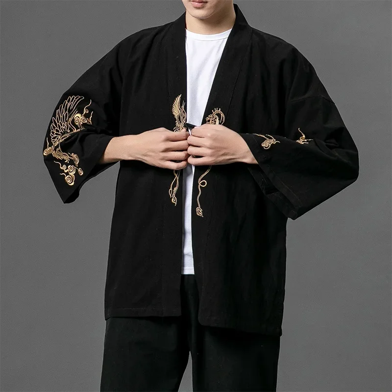 Quimonos japoneses tradicionais para homens, haori, loja chinesa online, Yukata, bordado preto, roupas asiáticas, cardigan, camisa, FF2803