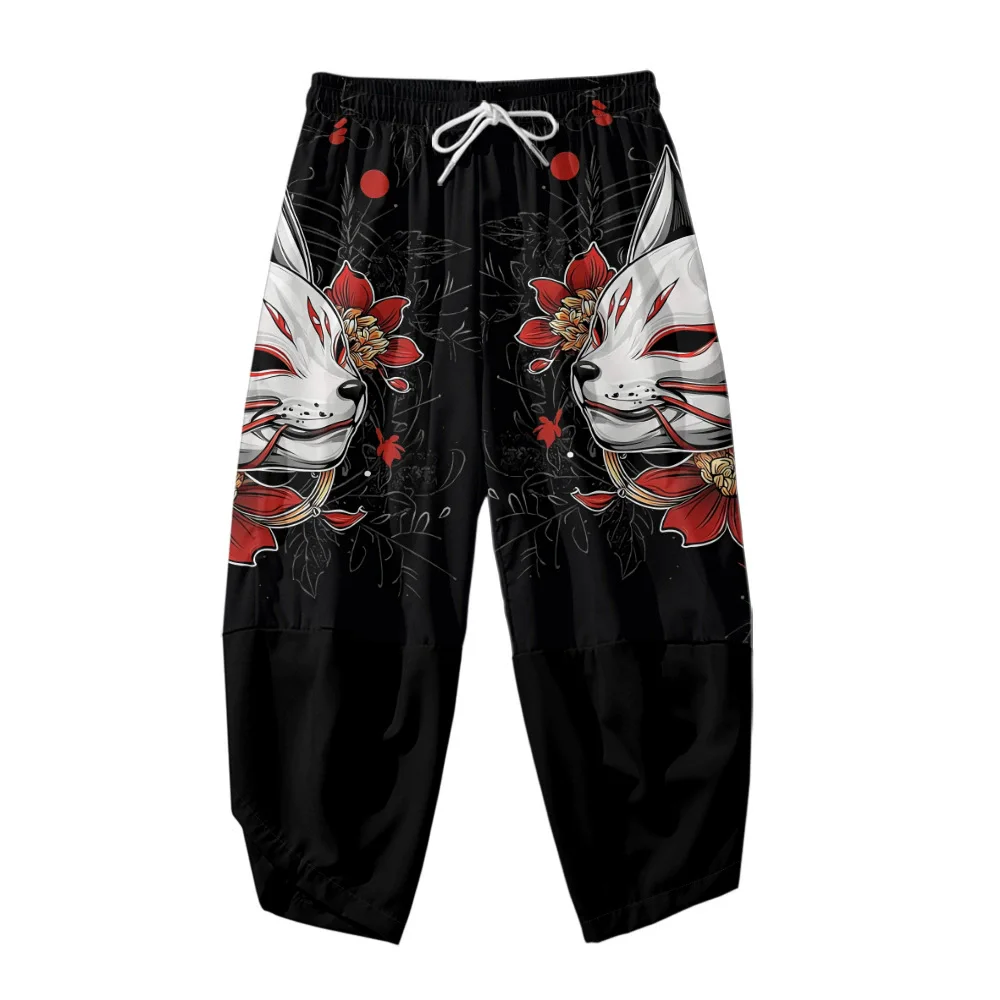 

Cartoon Chinese Fox Printed Black Men Japanese Harem Trousers Casual Elastic Waist Kimono Cropped Pants Streetwear