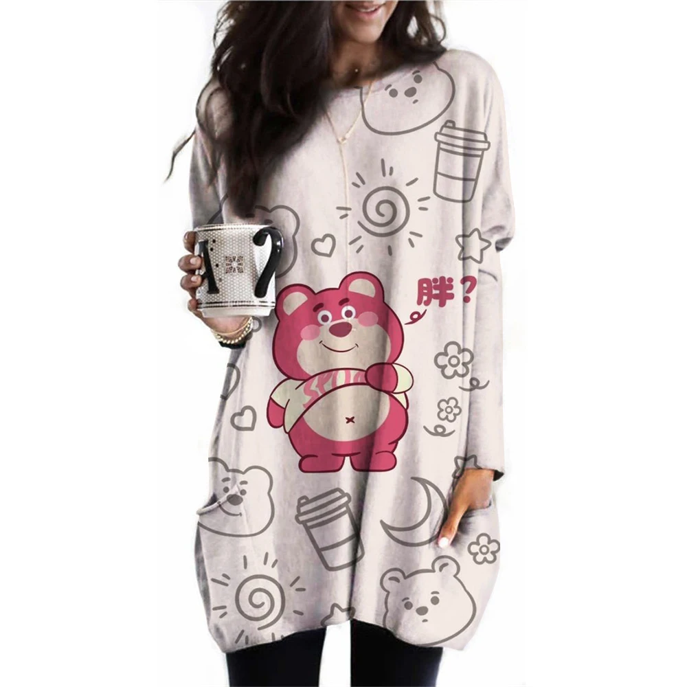 

Disney Strawberry Bear Printed Long Sleeve Women's Top Y2k Pocket T-shirt Top Sexy O-Neck Princess Printed Women's Long T-shirt