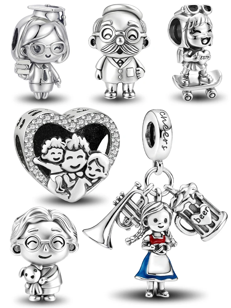 925 Silver Plated Love Heart Family Kindly Grandpa Grandma Charms Beads Fit Original  Bracelets Jewelry Gift