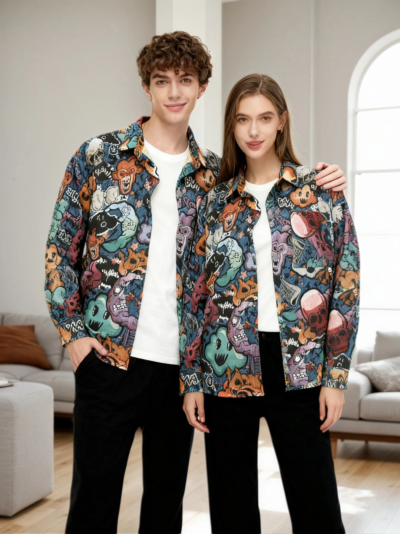 

Spring and autumn trendy rugged jacquard work jacket for men, American-style design with a vintage fun cartoon anime vibe