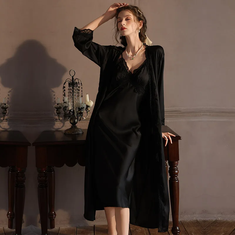 DAIMELU pajamas with chest pads sleepwear set sexy Nightgowns ice silk nightwear lace splicing extended pyjama female nightdress