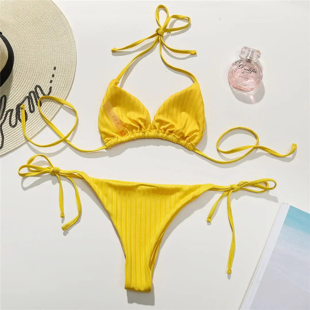 Neuer, verführerischer, gerippter Bikini mit Halterneck und String-Schnitt, Damen-Badeanzug, zweiteiliges Bikini-Set, gepolsterter Badeanzug, Badebekleidung, Modell V2971. – Detail 29