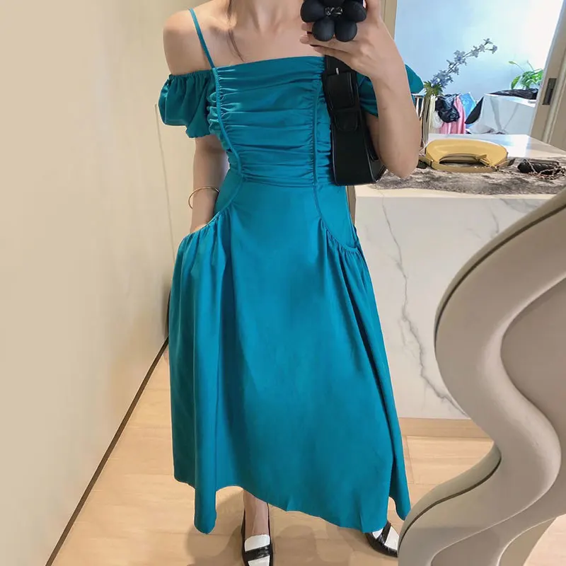 Ärmelloses schulter freies Kleid neue Frauen Mode Sommer Kurzarm süße süße Mädchen Urlaub Geburtstags feier lange Kleider