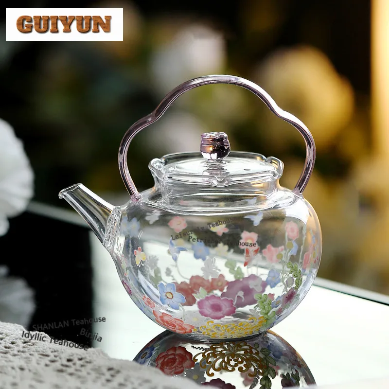 

260ml Flowers Glass Lifting Handle Teapot Boutique Tea Infuser Pot Tea Making Kettle With Filter For Tea Accessories Collection