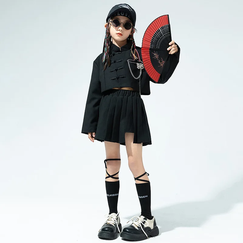 

Kid Chinese Style Hip Hop Clothing Black Frog Button Shirt Crop Top Casual Pleat Skirt Mini for Girl Jazz Dance Costume Clothes