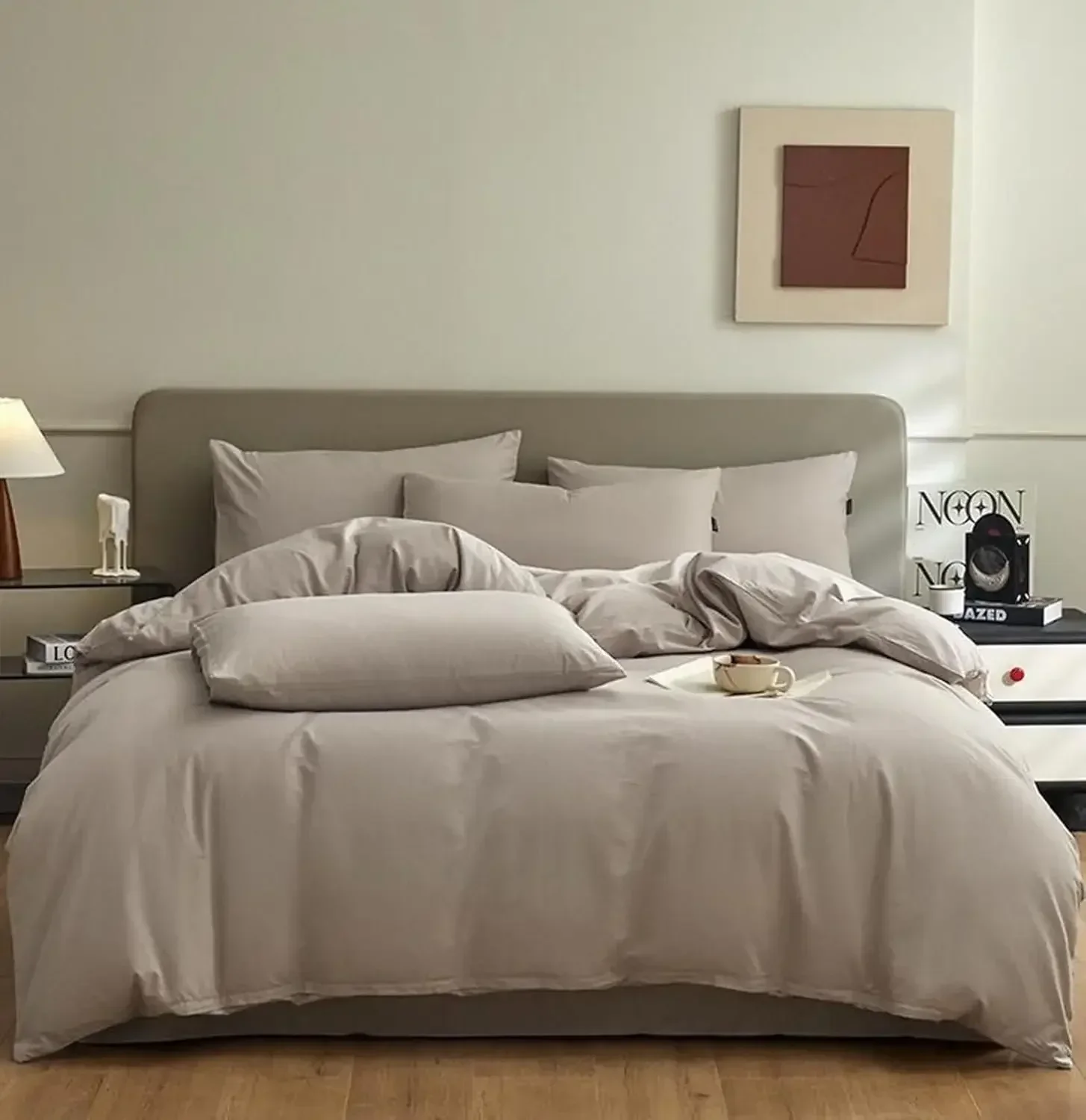 4 Piece Bed Sheet Set Cotton, King Solid Color Reversible Bedding Set with Bed Sheet and 2 Pillowcases, Beige Light Grey, 2.0m-2