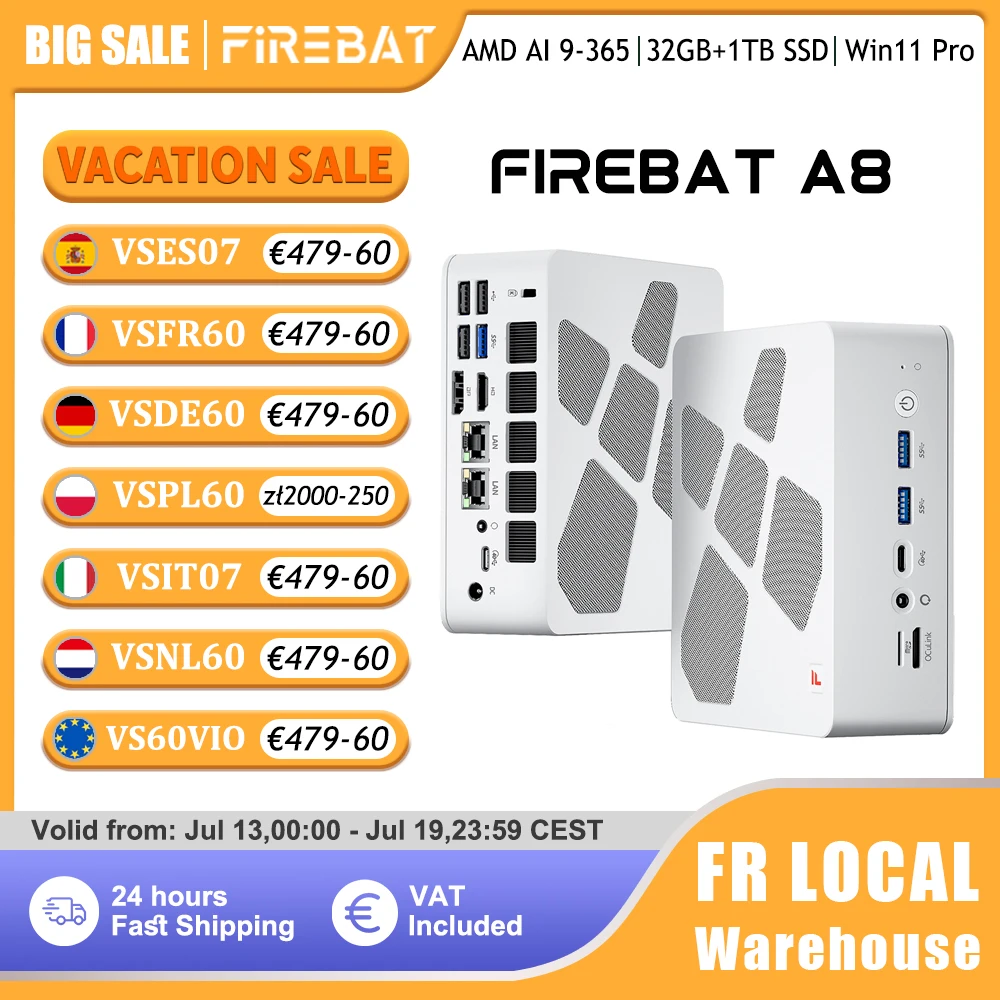 Mini PC Firebat A8, AMD Ryzen AI 9 365, RAM DDR5, SSD M.2, USB4*2, DDR5*2, PCIe4*2, Windows 11 Pro, Computadora de Escritorio para Juegos, WiFi6, OCuLink