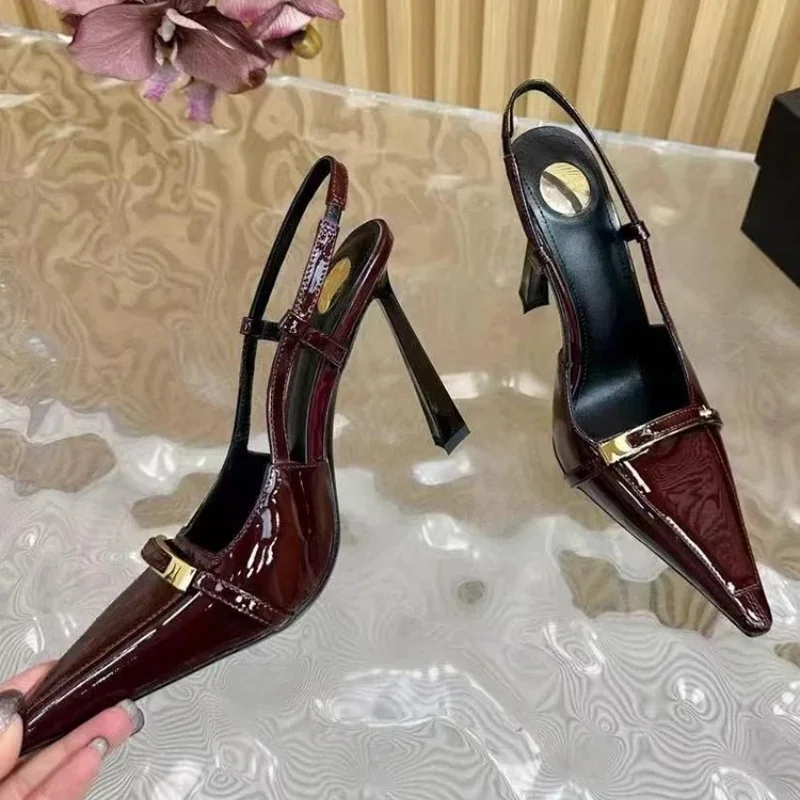 

Lacquer Leather Cover Toe High Heels Sandals for Women 2025 New Black Wine Red Color Sexy Pointed Slingback Stiletto Shoes