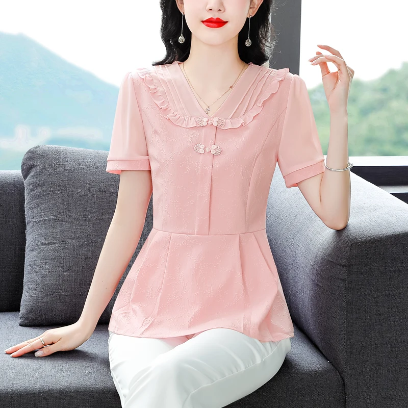 Women Ruffled Chinese Style Elegant Blouse Fashion Sweet Short Sleeve V Neck Shirt Casual Solid Slim Chic Tops Blusas Para Mujer