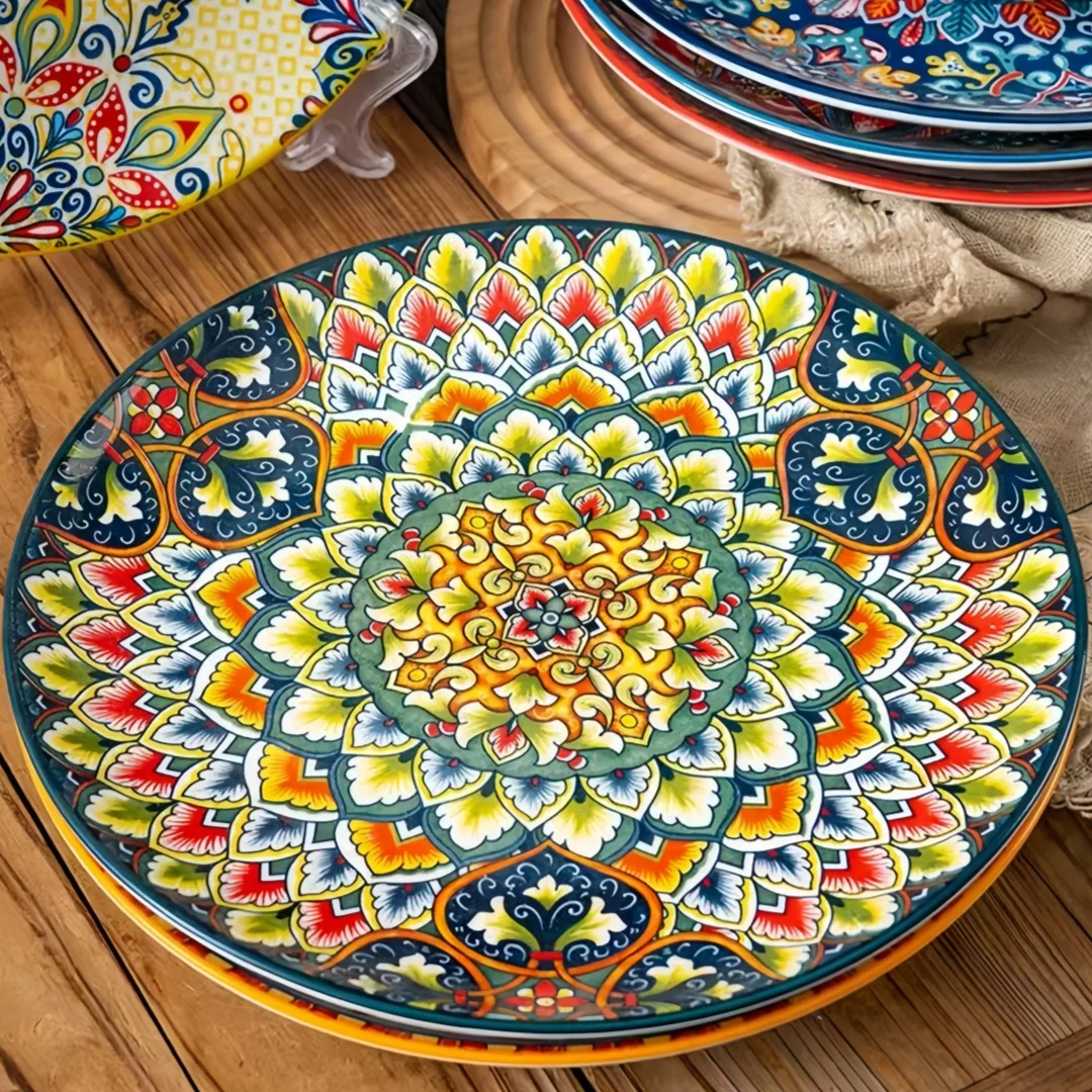 Bohemian-style Round Ceramic Plate Creative Shallow  High-end Exquisite Steak 10-inch Pasta Plate