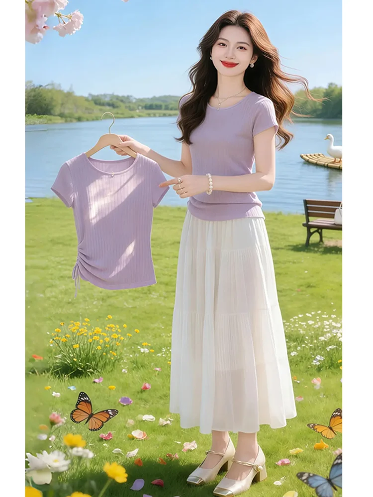 

Summer Slimming Short Sleeve Knitted Set Women's Design Tea System Waist High Waist A-Line Skirt Two-Piece Suit Casual Wear