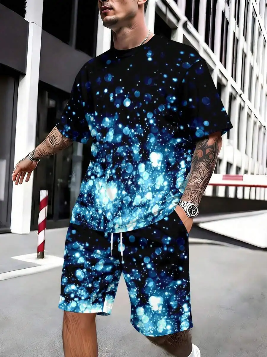 

Mens Blue Light Spot Print T-Shirt And Shorts Set Casual Summer Streetwear