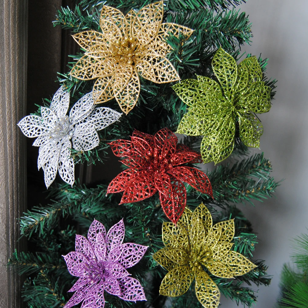 

10 Pcs Golden Glitter Poinsettia Flower Simulated Christmas Tree Flowers Artificial